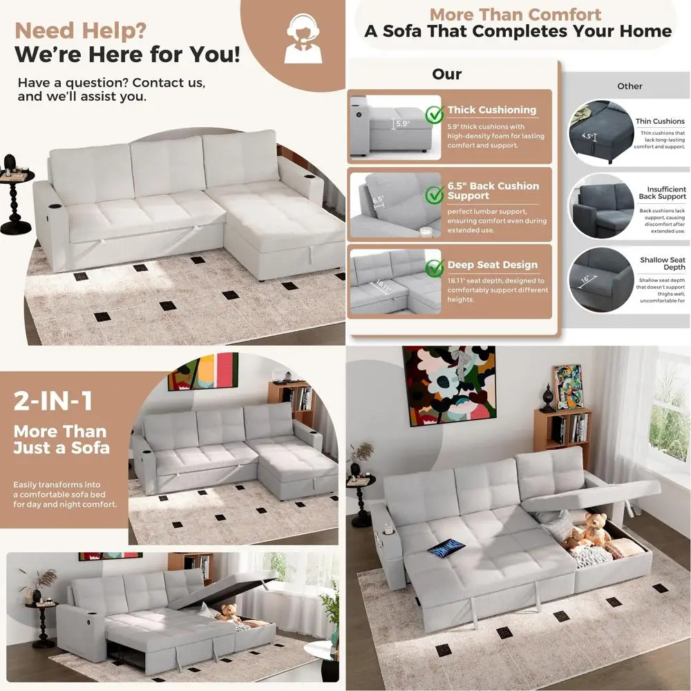 أريكة نوم رمادية 85 مع مساحة تخزين، أريكة مقسمة على شكل حرف L، أرائك قابلة للسحب 2 في 1، كرسي قابل للتحويل، منافذ USB، حاملات أكواب