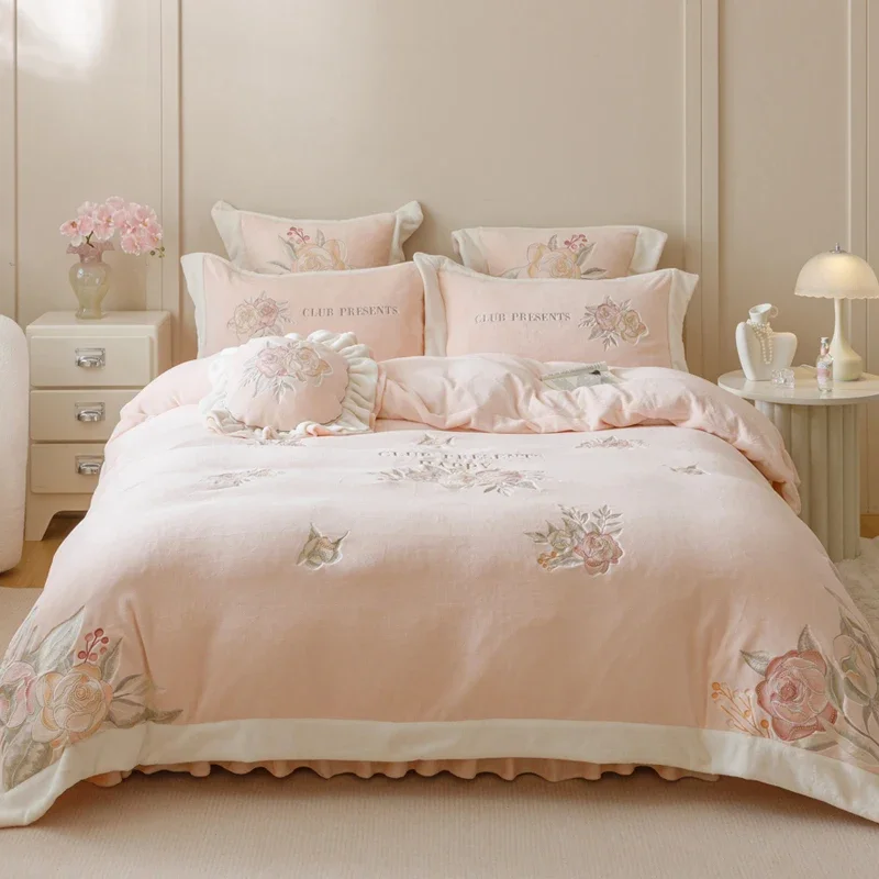 4Pcs Pink Flowers Embroidery Ruffles Princess Bedding Set Warm Thickened Winter Milk Velvet Duvet Cover Bed Sheet Pillowcases