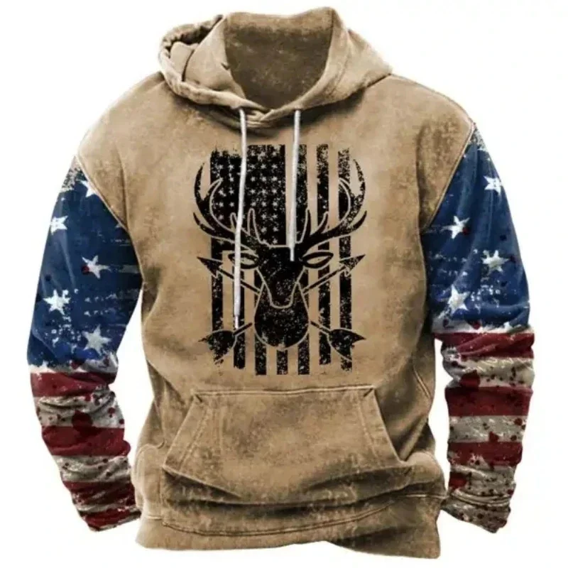 

3D Printed Vintage Hoodies For Men USA Flag Graphic Long Sleeve Streetwear Fashion Oversized Hooded Sweatshirts Personality Tops