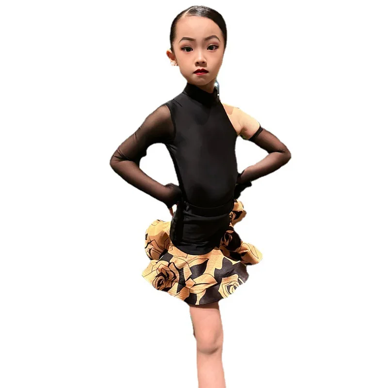 Customized Latin Dance Suit Practice Dress Girls' Professional Competition Performance Dress Black Mesh Printed Skirt Top Set