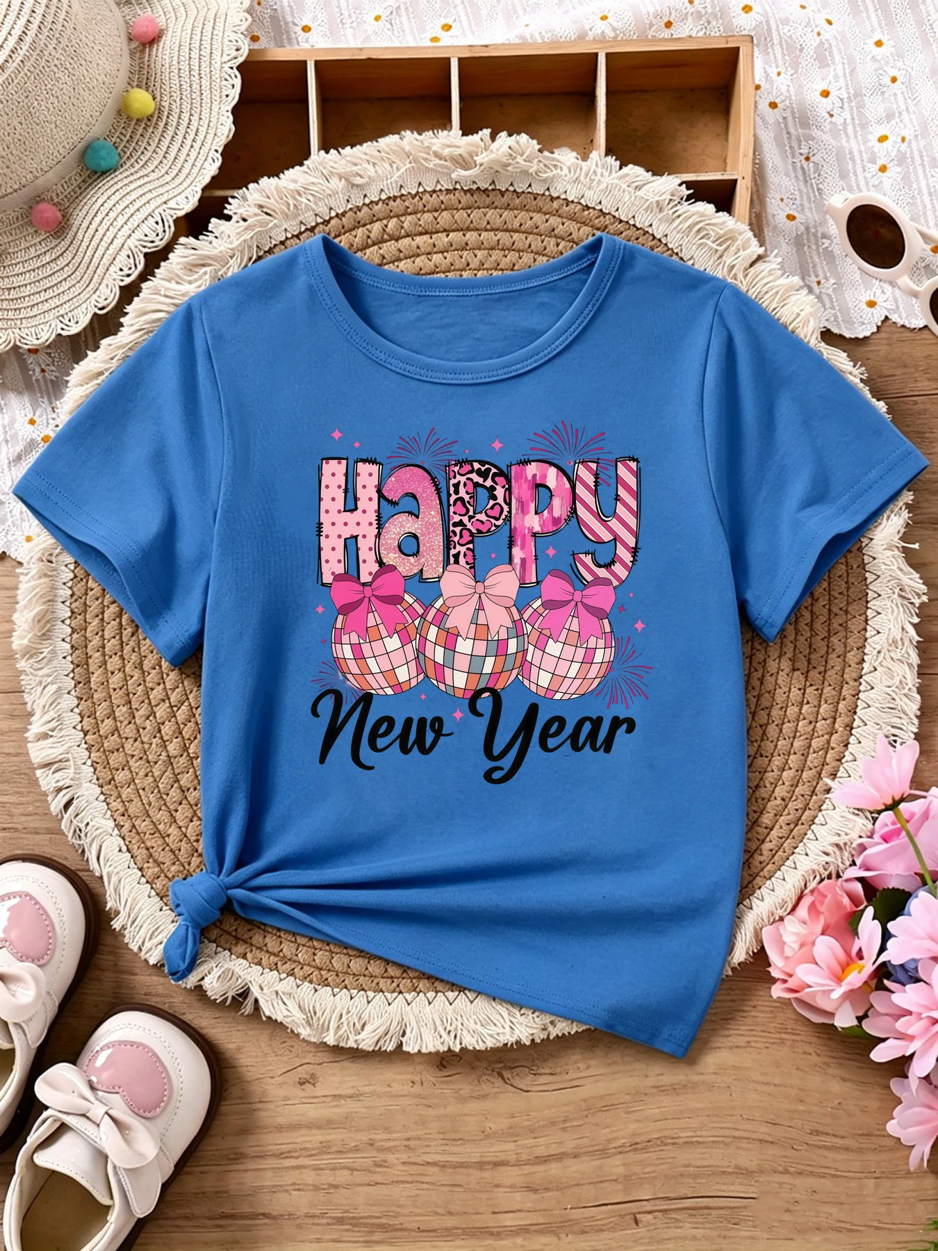 Happy New Year Planet Bow Stars Letter Printed T Shirt Girls/Boys New Year Gifts T-Shirt Funny Kids Clothes Blue/Purple T-Shirt