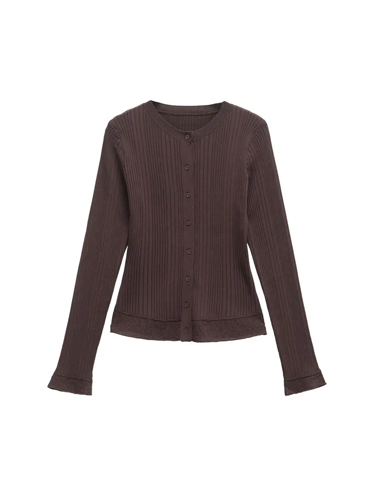 Suéter cardigã feminino de malha canelada, gola redonda, manga comprida, botão chique, moda externa