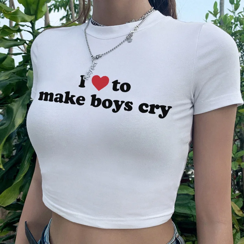 Harajuku letter I love to make boy cry Print T-Shirt short sleeve Skinny Crop tops Women y2k kawaii streetwear Cropped tops Tee