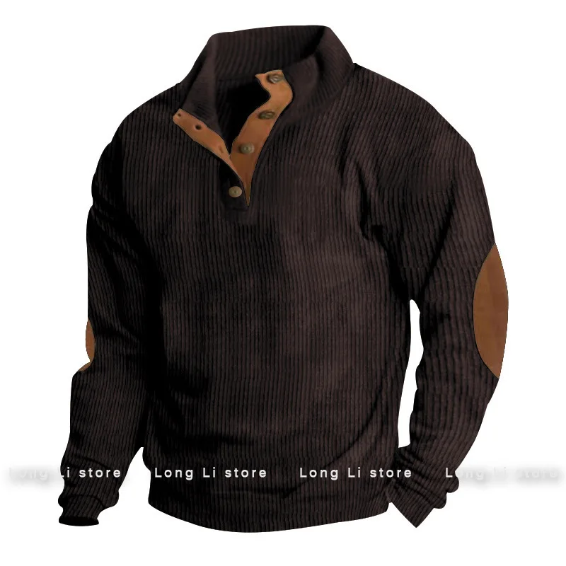 Men's Corduroy Solid Color Splicing Long Sleeve Shirt Pullover Retro Casual Large Size Men's Jacket Men's