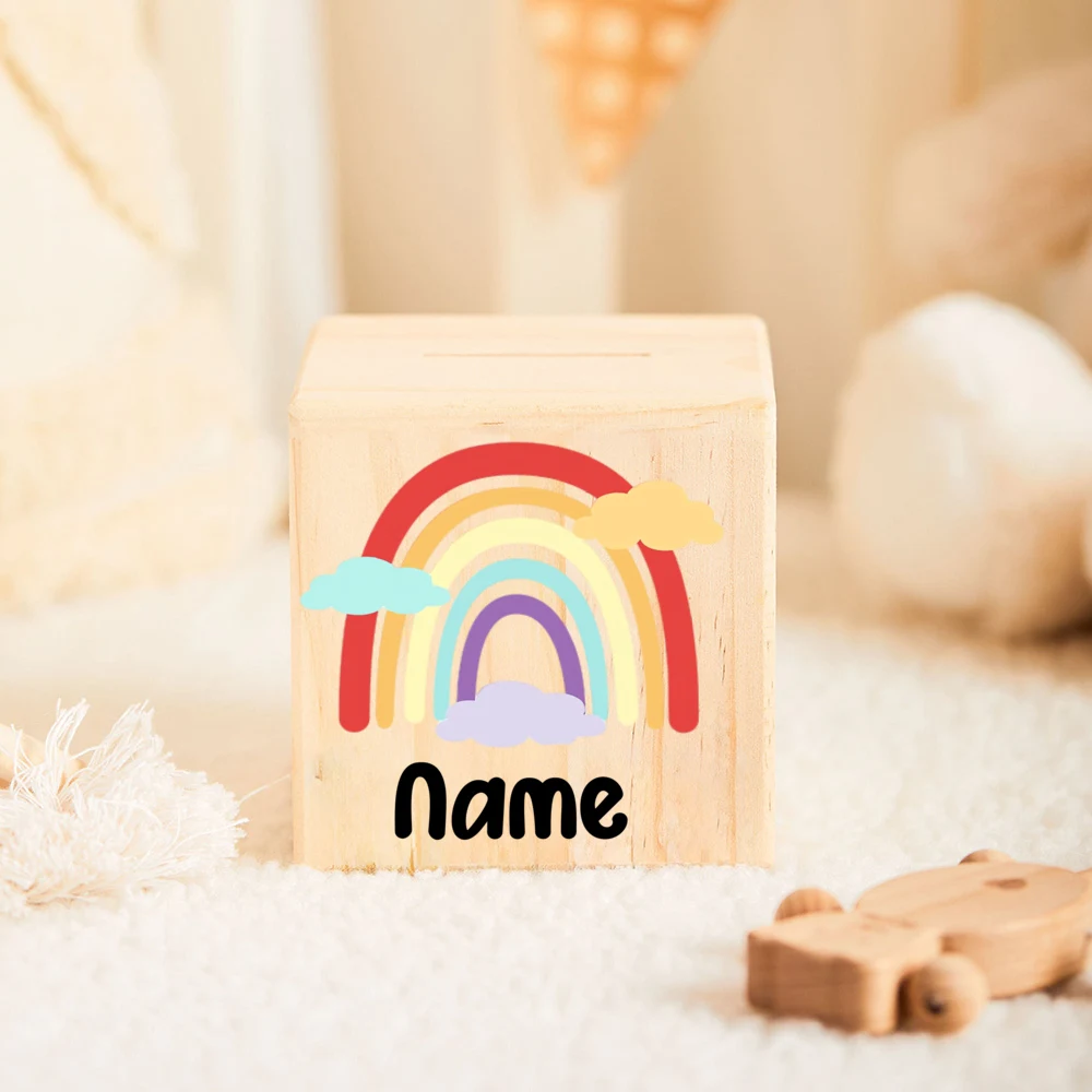 Custom Baby Rainbow Money Box Wooden Name Piggy Bank for Girls and Boys Children Money Box with Arinbow Style Baptism Gifts