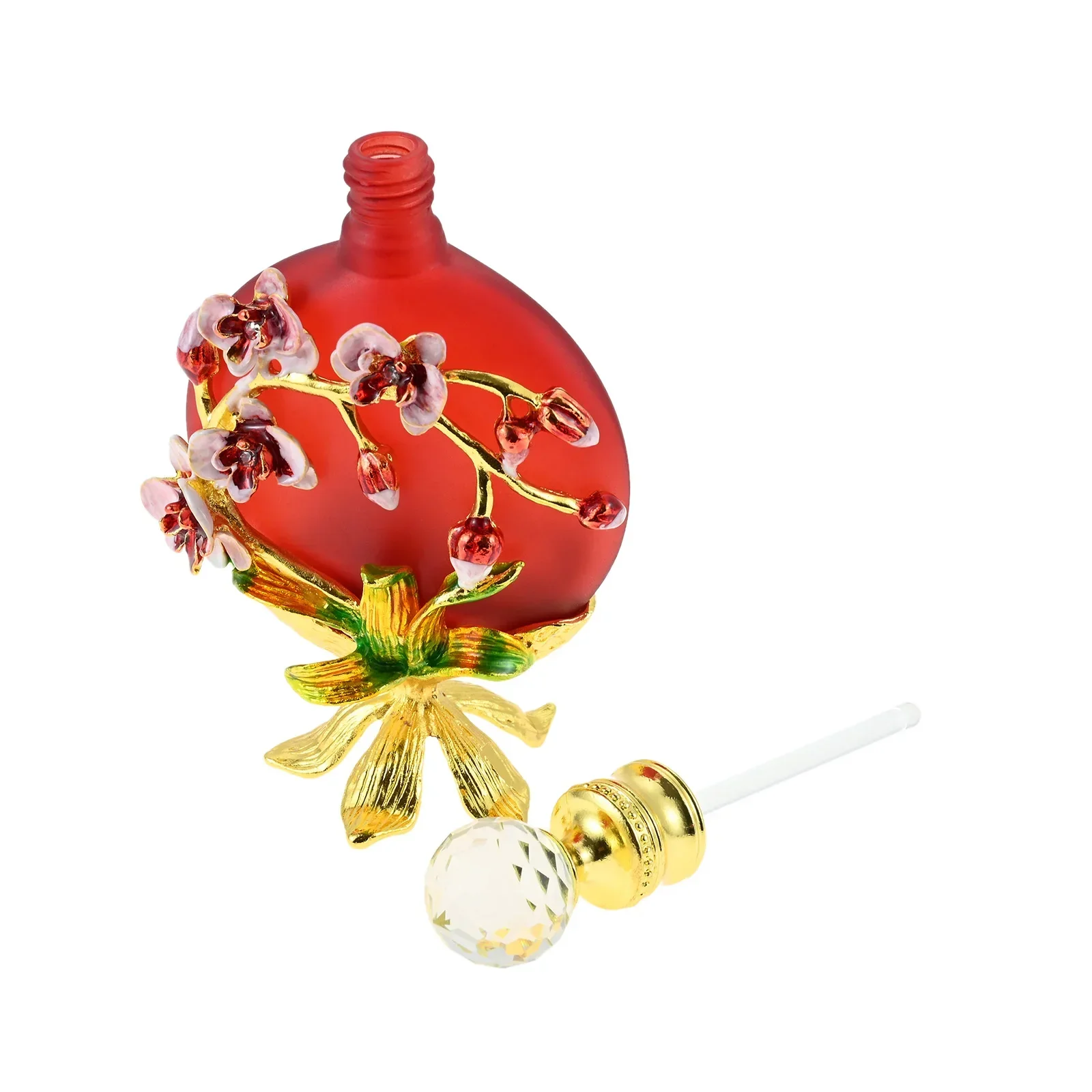 Vintage Glass Bottle Decor Flat Vase 5.5 In Ornament Refill 30ml Perfume Essential Oil Enamel Blossom Flower Clear Cap Gilt Base