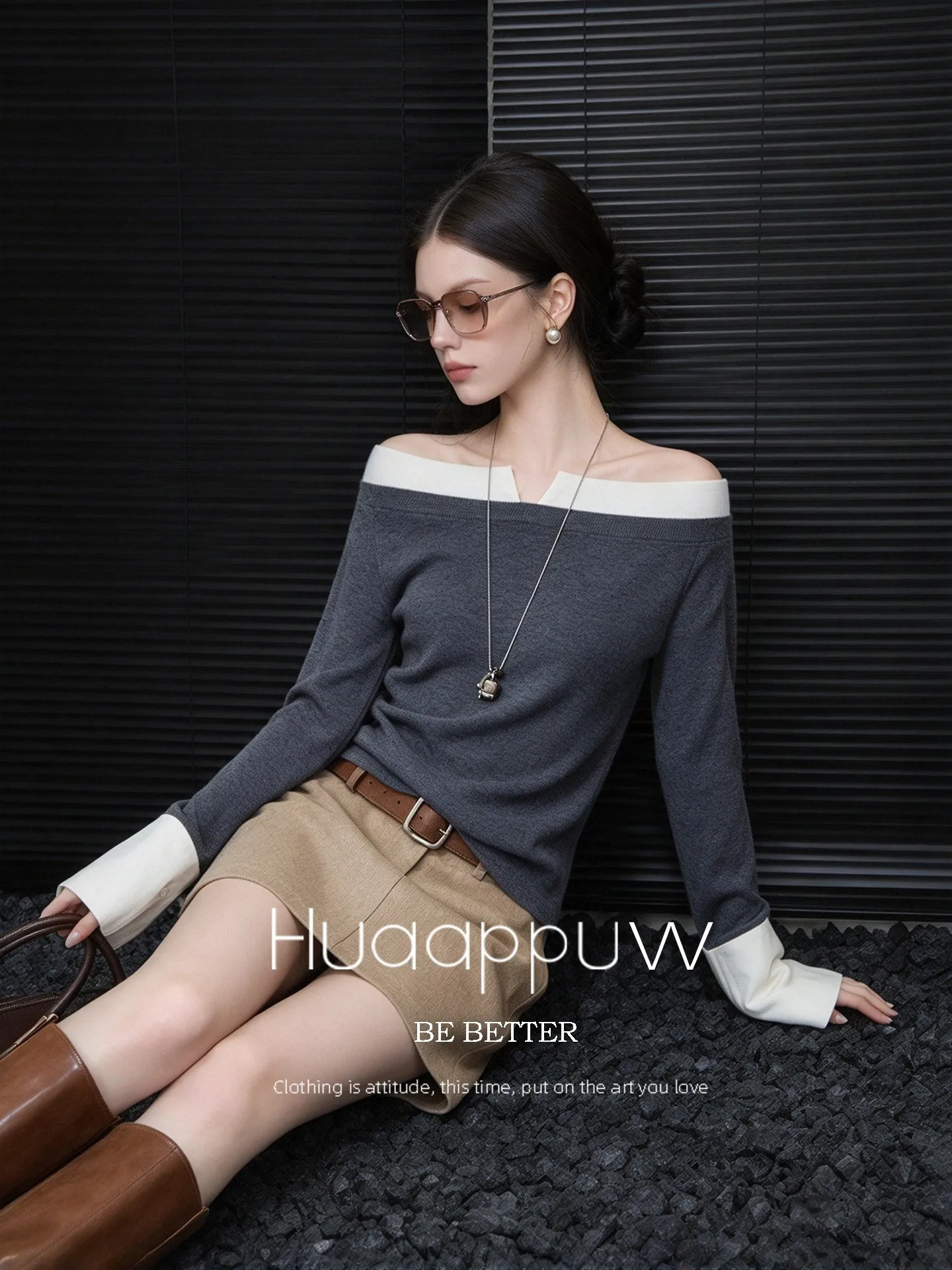 Huaappuw Color Block Knitted Top Shoulder Exposure One Shoulder Commuter Style Light Maturity Autumn Winter New Arrival Women...