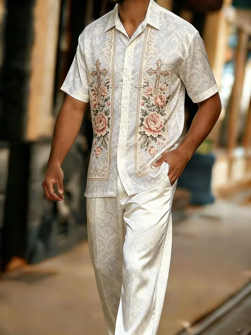 New Champagne Gold Pelis Cashew Flower Two Piece Elegant Luxury Men's 3D Printed Short Sleeve Shirt Pants Set view 5