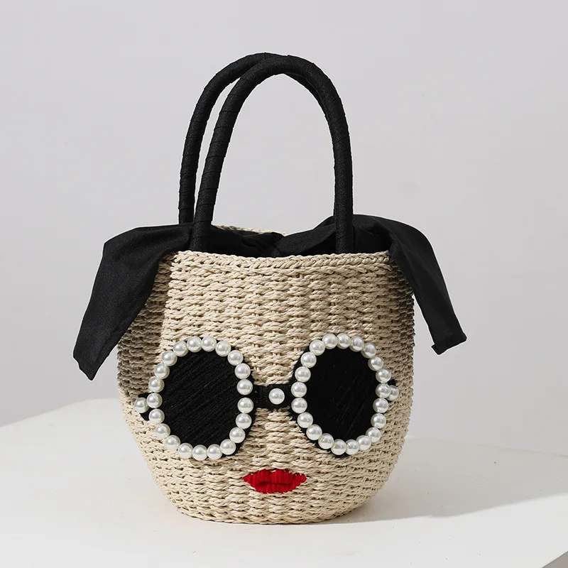 2022 Summer Round Rattan Handmade Sunglasses Pearl Bag Bohemian Leisure Straw Bag Bucket Knit Shoulder Crossbody Bead Beach Bag