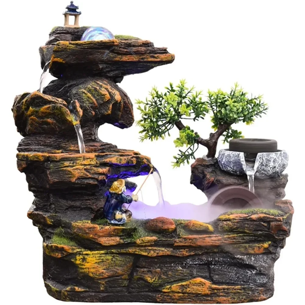 Water Fountain Desktop Fountain Indoor Small Rockery Desktop Mountain Waterfall with Ball Water Wheel Desktop Decoration