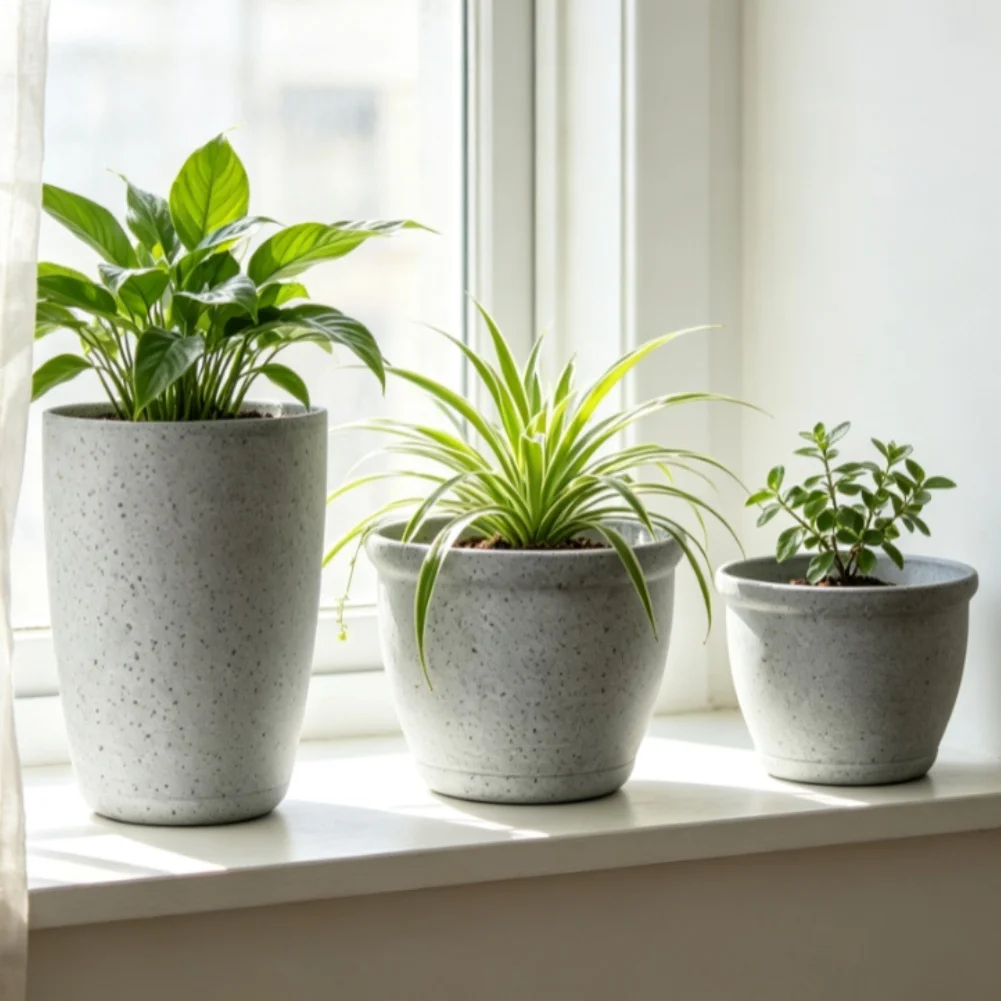 Plastic Flower Pot Bundle of 3 with Marble Aesthetic Drainage Efficiency and Saucer Alignment for Controlled Hydration