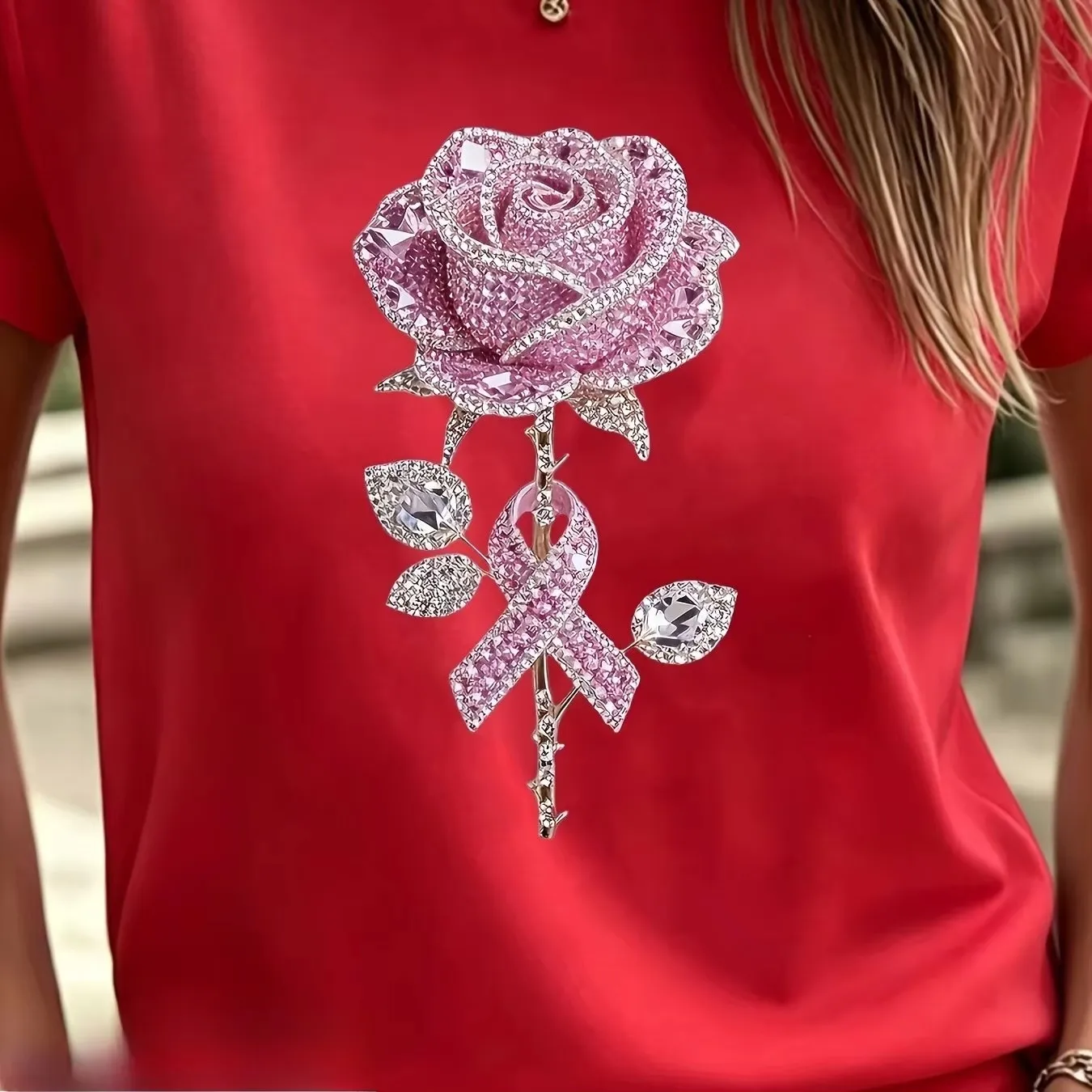 Women Pink Crystal Rose Awareness Ribbon Print T‑Shirt Short Sleeve Round Neck Elegant Casual Fashion Ladies Daily Wear Tee Tops