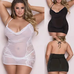 Women Plus Size Nightdress Set Sexy Lace Lingerie See-Through Mesh Crotch G-String Lingeries halter solid Babydolls lenceria