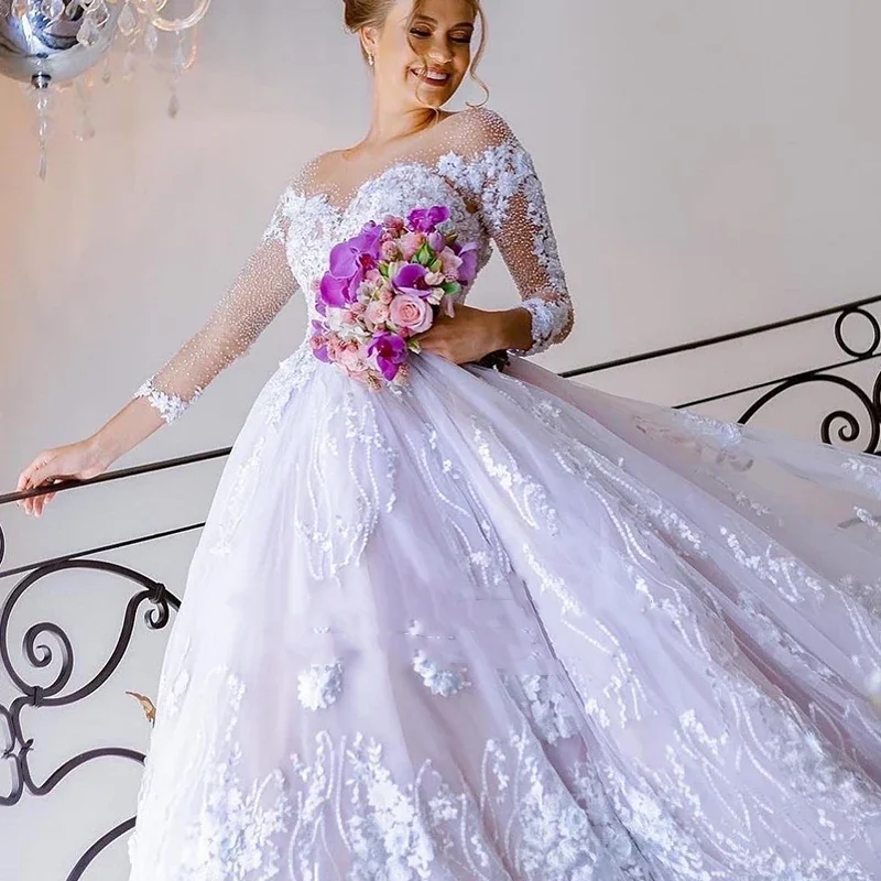 Flavinke Customized Luxury Exquisite Wedding Dresses Lace Princess Ball Gown Full Sleeve O-Neck Bride Button Vestido De Novia