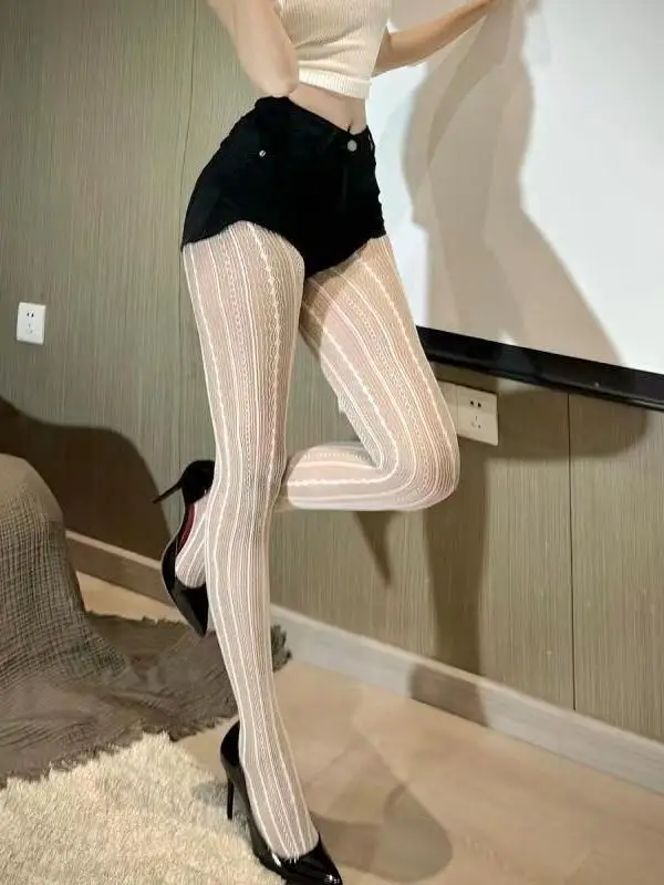 plus Size Lace Hollow Vertical Net Stockings Women Sexy Pure Desire Long Pants Commute Style High Waist Regular Thickness - view 4