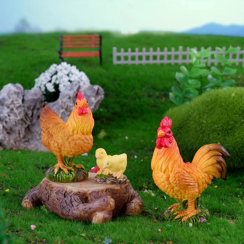 Home Decor Rooster Chicken Figurines Farm Animal Model Miniature Fairy Garden Diy Landscaping Cartoon Hen Chick