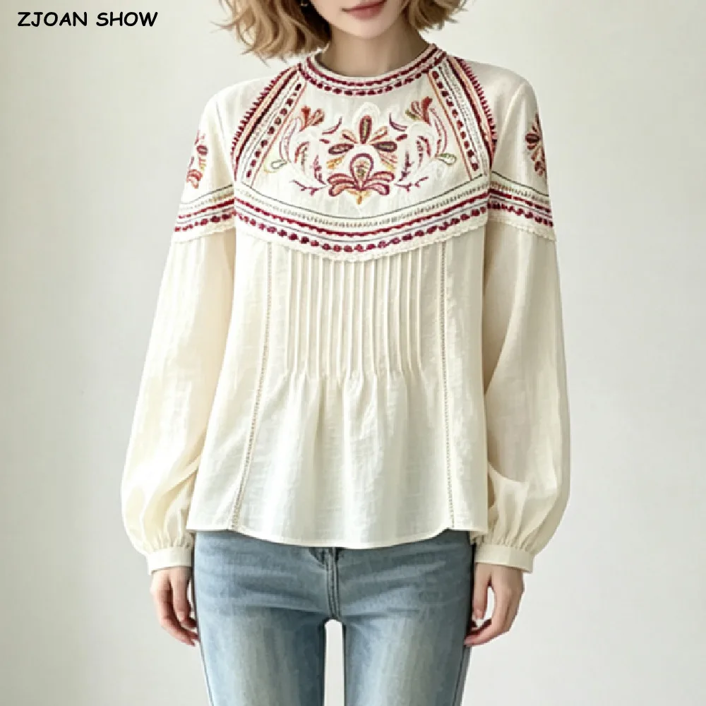 Autumn Women Ethnic O Neck Embroidery Flower Totem Pullover Shirt Raglan Long Sleeve Loose Blouses BOHO Tops Beige