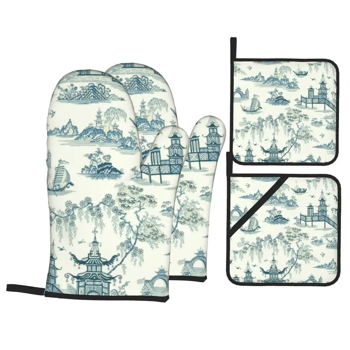 

Восточные фарфоровые рукавицы для духовки с пагодами и подставки для кастрюль, наборы из 4 предметов, термостойкие кухонные перчатки, прихватки для запекания, гриля