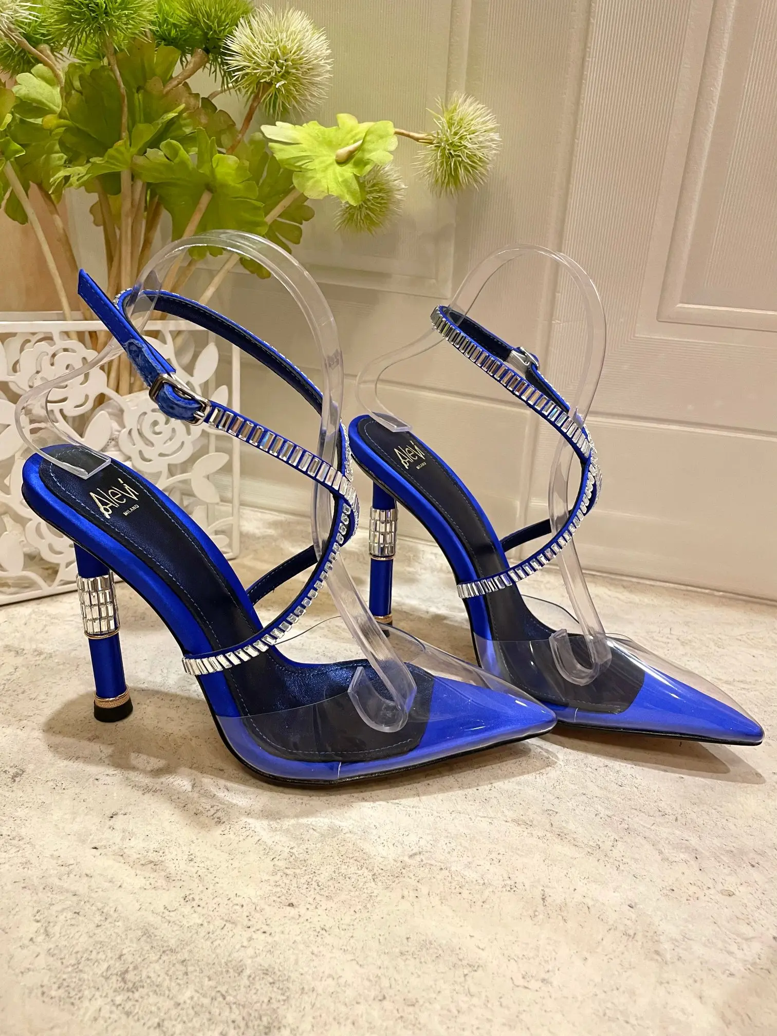 Alevì crystal Blue PVC party glass crossover strap calf-leather sandals open toe pointed toe high stiletto heel slip-on Pump