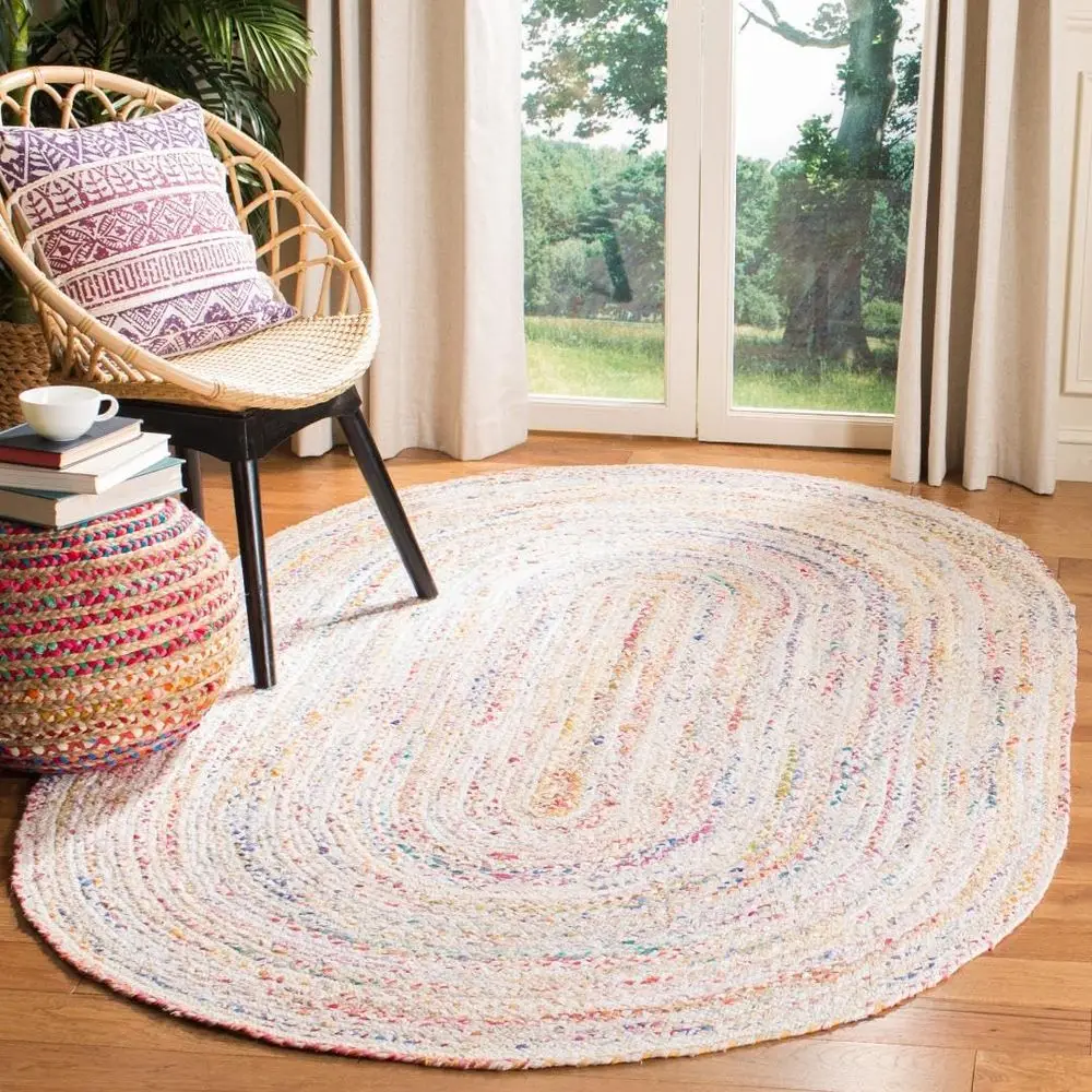 

Handwoven Cotton Boho Area Rug, 9x12 Feet, Ivory & Multicolor Oval, Reversible Style, Perfect for Living Spaces