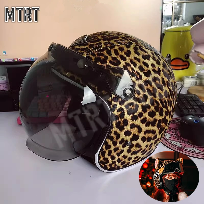 Scooter Electric Vehicle Leopard Print Retro Helmet Female Motorcycle Half Helmet Motor Personality Cool Electric Car 4/3 Helmet