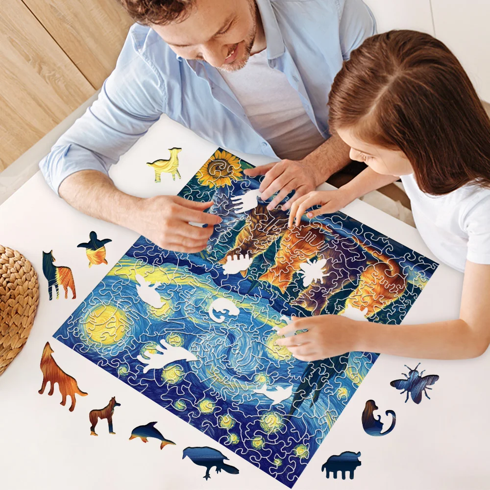A Starry Sky Cat Wooden Irregular Puzzle for Adults - Stress relieving Challenge Magic Puzzle Intelligence Game - Christmas Gift