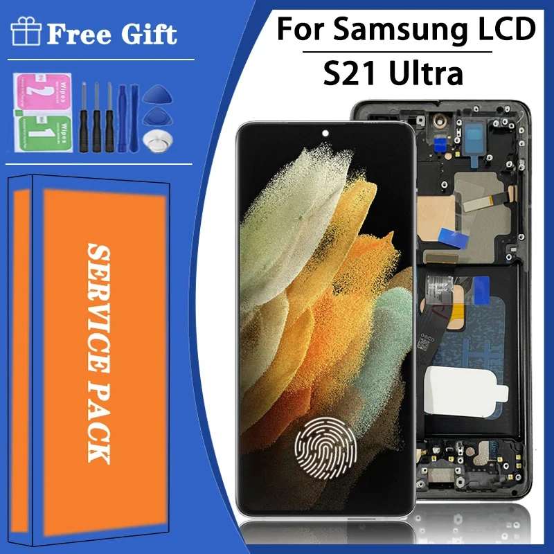 S21Ultra Screen with Frame Fingerprints for Samsung S21 Ultra 5G G998B G998B/DS Lcd Display Digital Touch Screen  Assembly