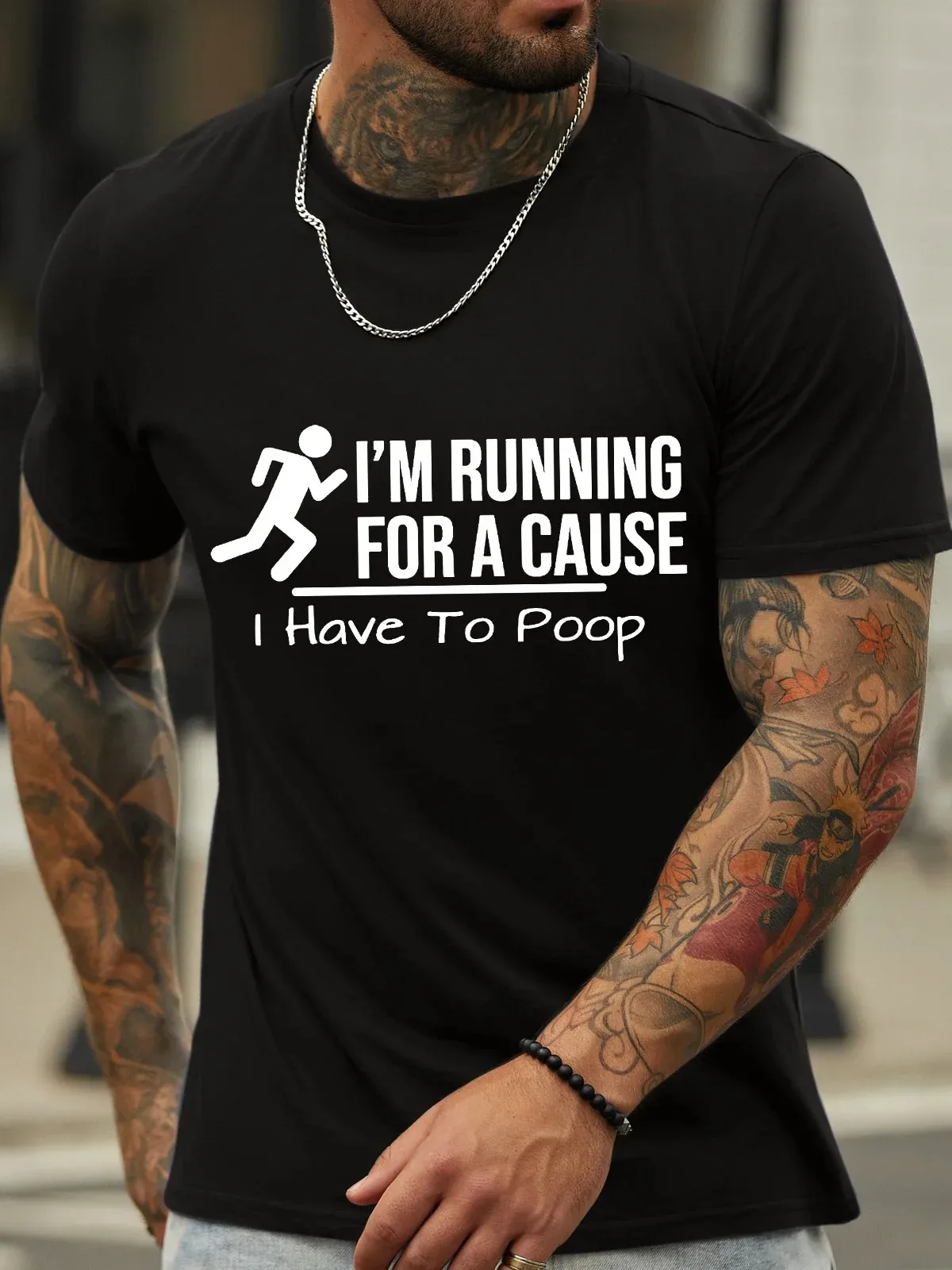 Men’s I’m Running For A Cause I Have To Poop Text Letters Crew Neck Cotton Casual T-Shirt Family Leisure letter T Shirts