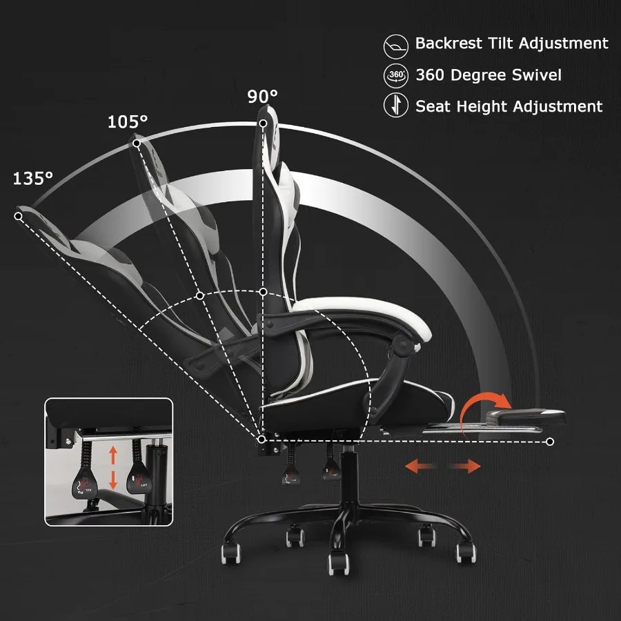كرسي ألعاب مع مسند ذراع ربط ومسند للقدمين كرسي ألعاب فيديو عالي الظهر باللون الأسود والأبيض