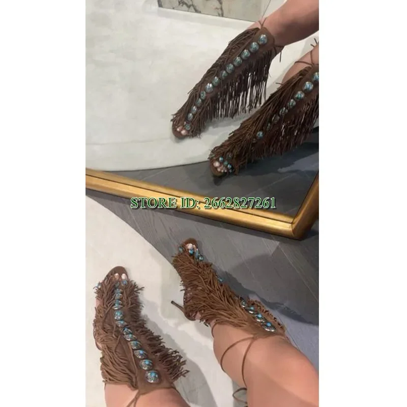 Pointed Open Toe Holiday Roman Sandals Tassel Suede Stiletto Knee-High Sandals