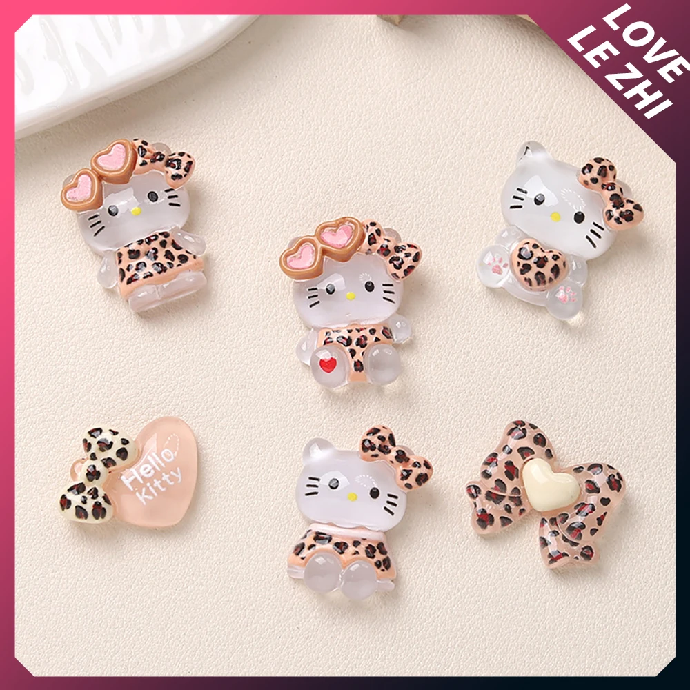 20Pcs Cartoon Leopard Print Translucency Hello Kitty Nail Charms Party Sticker Decoration 3D Resin Bow Diy Nail Art Accessories