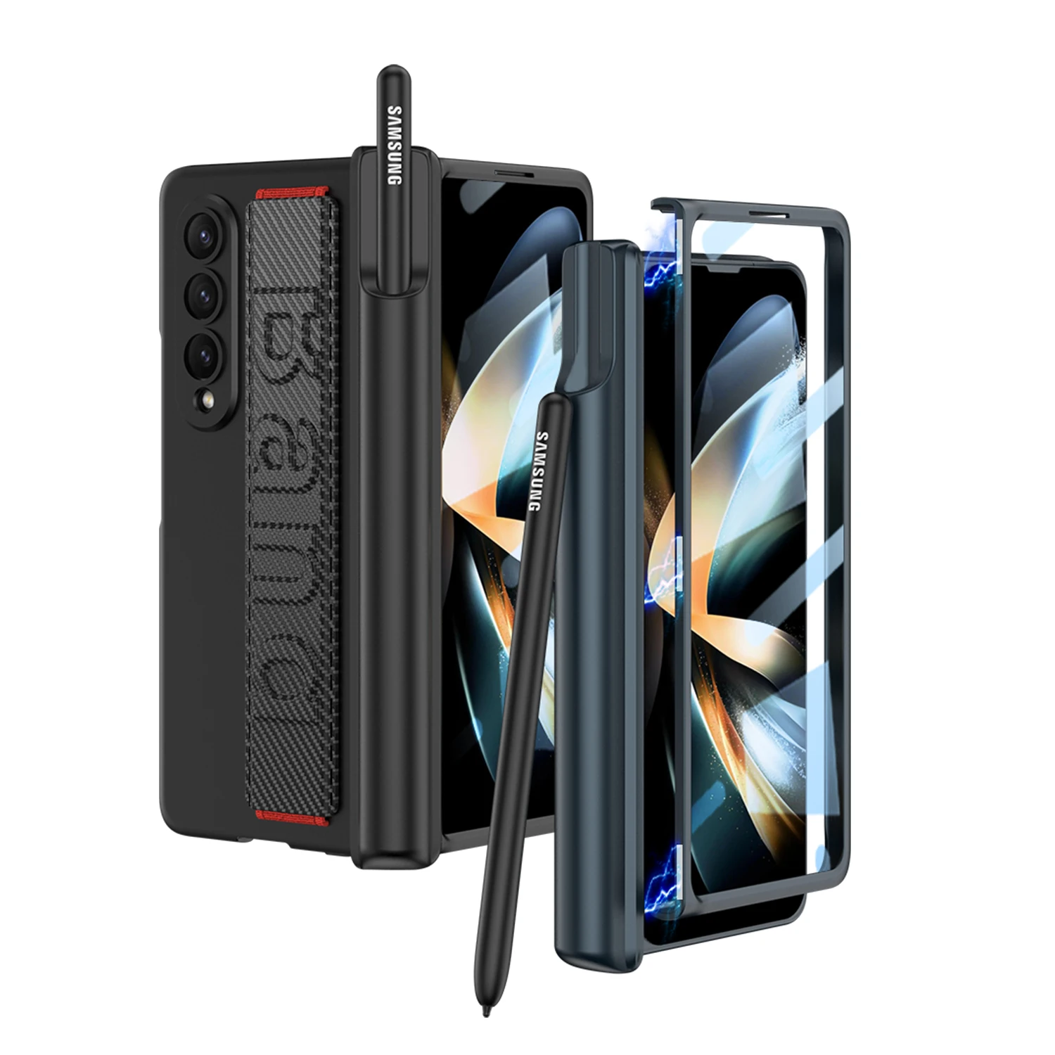 Magnetic Hinge Pen Holder Tempered Glass Full Protection Phone Case For Samsung Galaxy Z Fold 4 Cover with Wrist Band