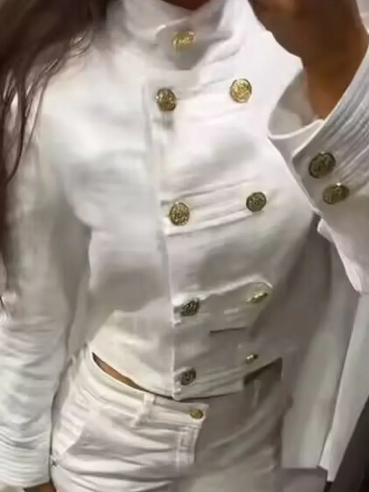 HH 2026 Women Spring Fashion White Tweed Cropped Jacket Stand Collar Double Breasted Decoration Elegant Casual Short Coat