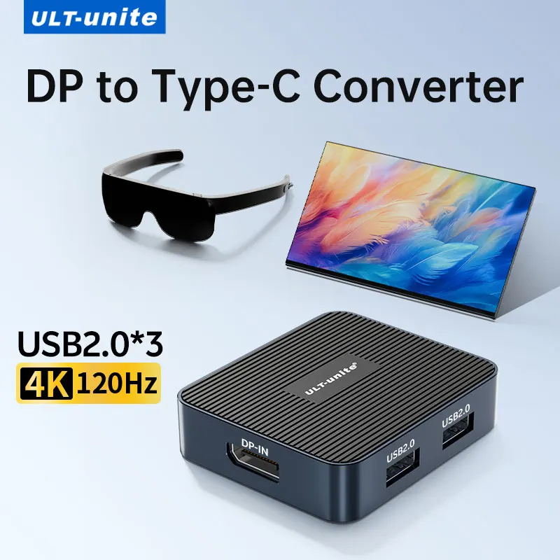 4K120Hz DP to Type-C Converter for Viture Beast, DisplayPort to USB-C Docking Station 2K240Hz with USB2.0×3 Expansion Port