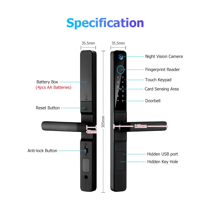Camera TUYA APP Fingerprint RFID Card Password Keyless Electronic Smart Door Lock Aluminum/Glass/PVC/Wooden Door Smart Life