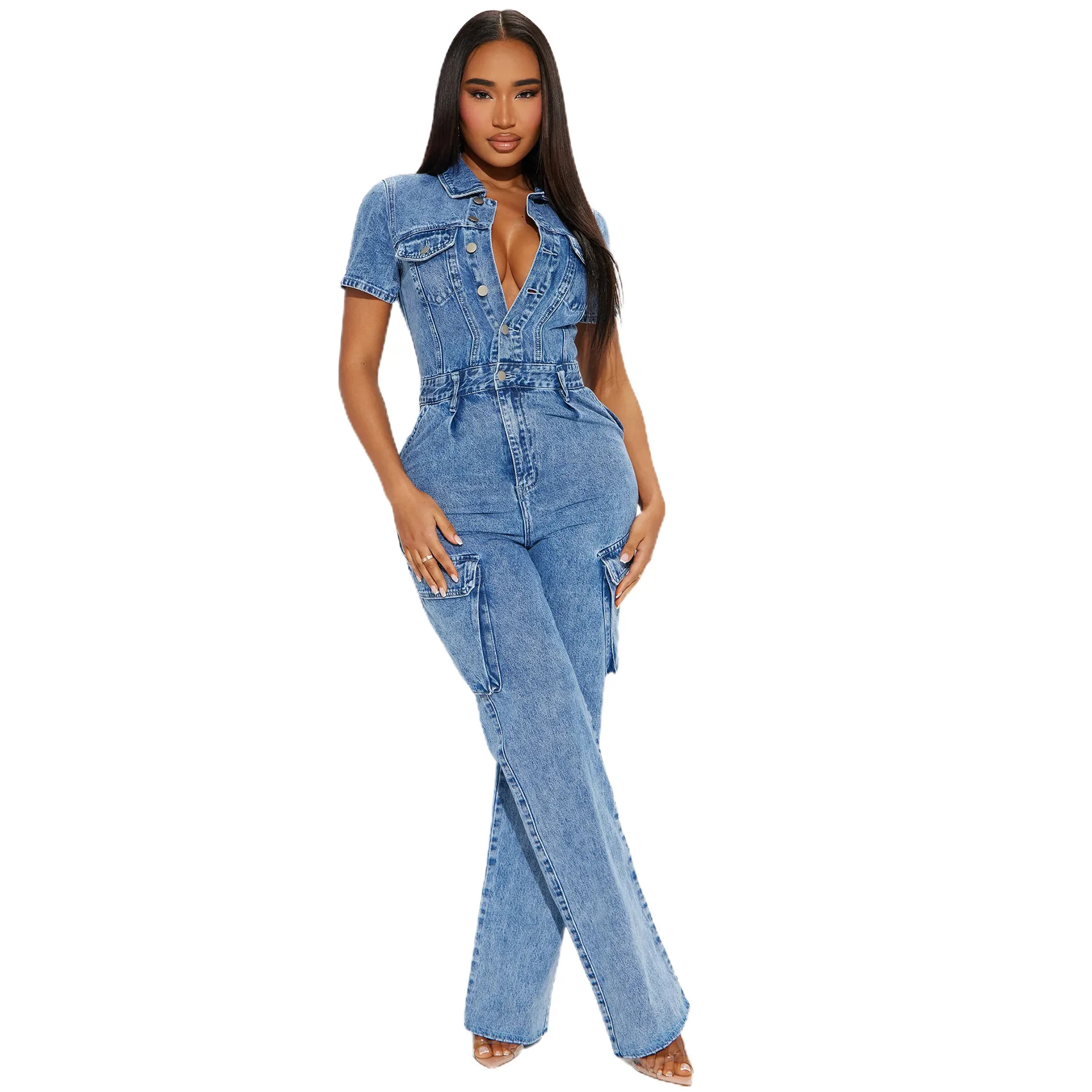 

Tight waisted slim fit, elastic washed denim jumpsuit, flarepants