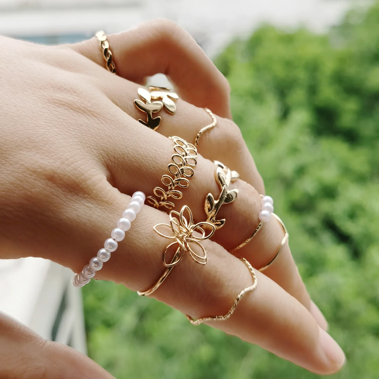 10Pcs Imitation Pearl Leaf Flower Rings Set for Women