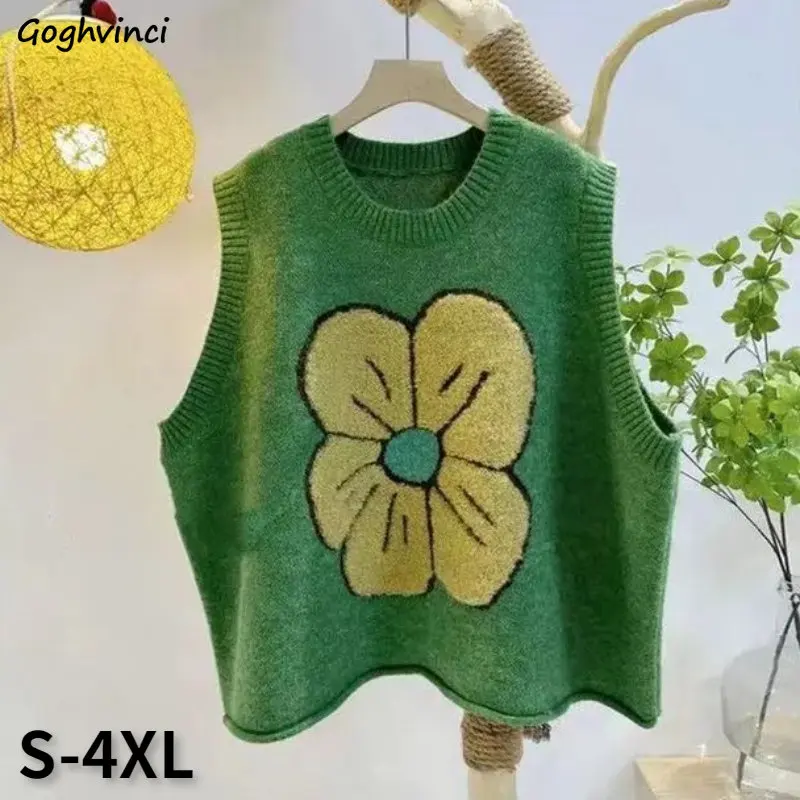 

Kawaii Baggy Sweater Vests Women Floral Design Chic Soft Leisure Vintage O-neck Preppy Style Fashionable All-match S-4XL Knitted