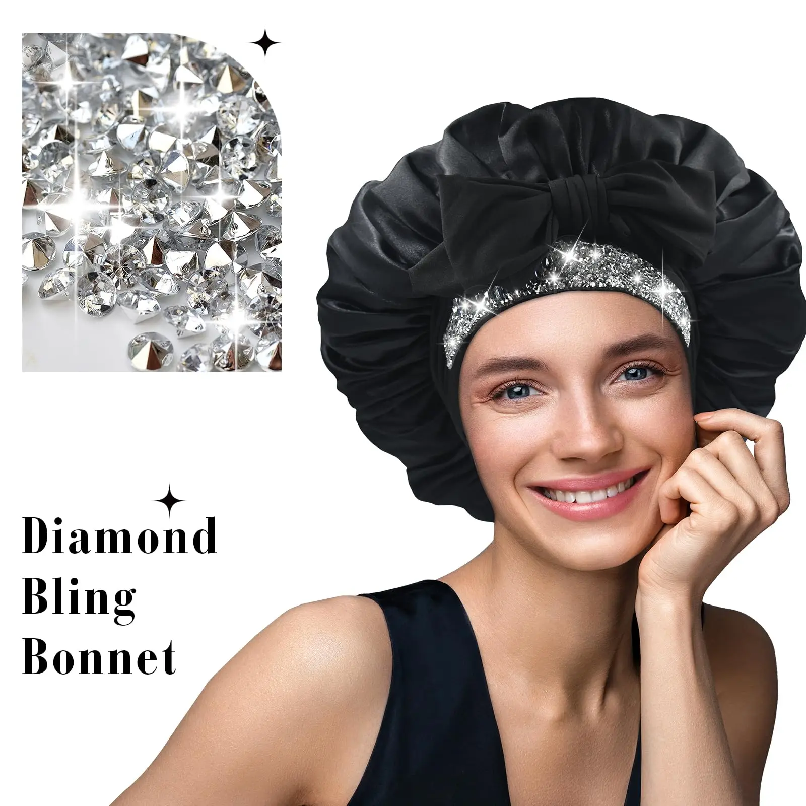 BONNET QUEEN Braid Bonnet Silk Foldable Extra Long for Braids Satin Sleeping Hair with Tie Band Sleep Cap Black Medium