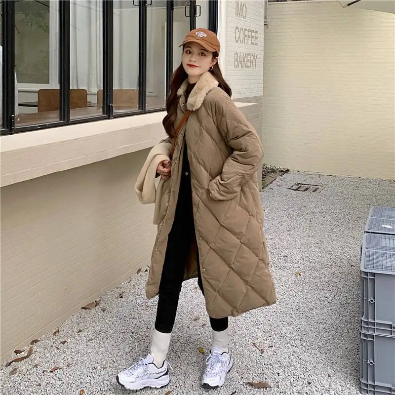 Fur Collar Oversize Rhombus Pattern Long Parkas Pocket Female Warm Long Cotton Overcoat Single Breasted