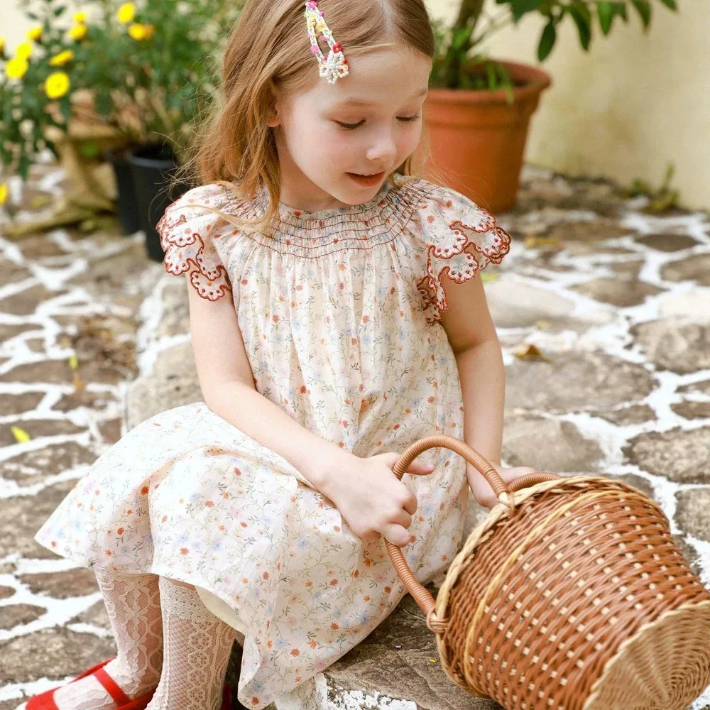 Summer Casual Countryside Style Round Neck Pleated Petal Sleeve Floral Dress for Girls Aged 3-7