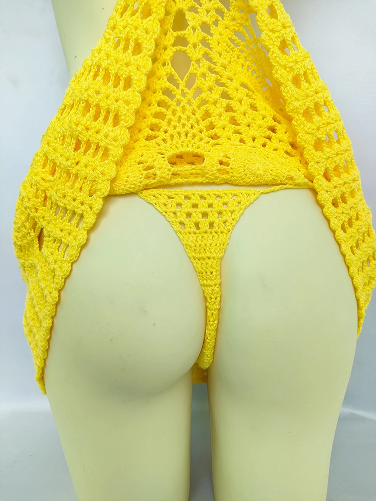 Conjunto de biquíni de malha feminina, maiô tanga, maiô de crochê com saia, roupa de banho oca para senhora, 3 peças, verão