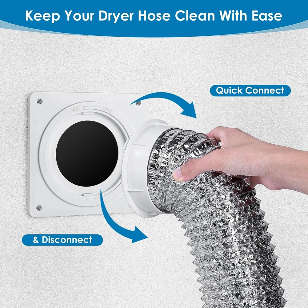طقم موصل فتحة تهوية المجفف مع لوحة حائط واتصال سريع لخرطوم 4 بوصة، 7 × 7 بوصة لغرفة الغسيل أو عادم الحمام