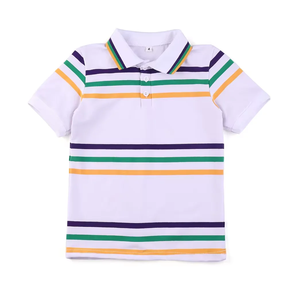 Mudbala Mardi Gras Apparel Classic Striped Purple Green Yellow Kids Girls Polo Dresses Sibling Matching Boys Polo T Shirts