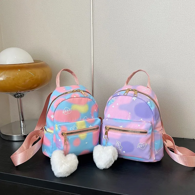 

Mini Backpack Women Nylon Cute Large Capacity Versatile Casual Small Fresh Candy Color Texture Handbag With Heart Pendant