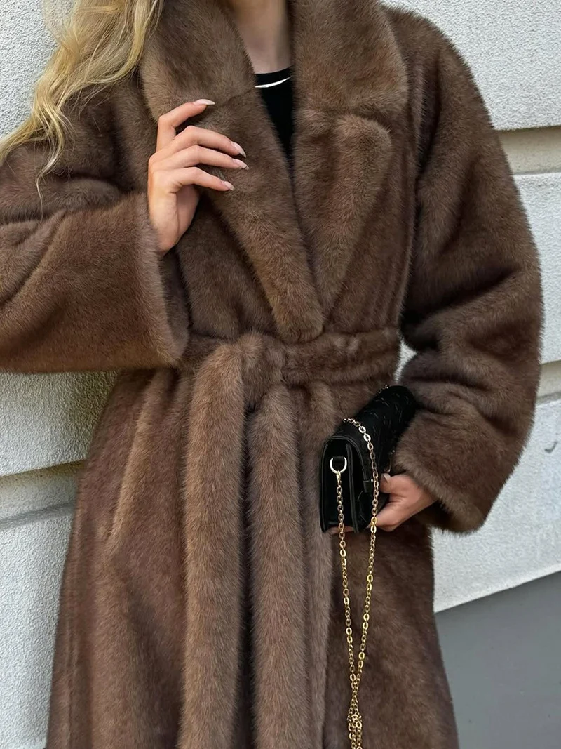 ZADORIN Women Faux Fur Long Mink Coat Elegant Winter Belted Fluffy Warm Fur Jackets Woman Lapel Loose Casual Outerwear Overcoat