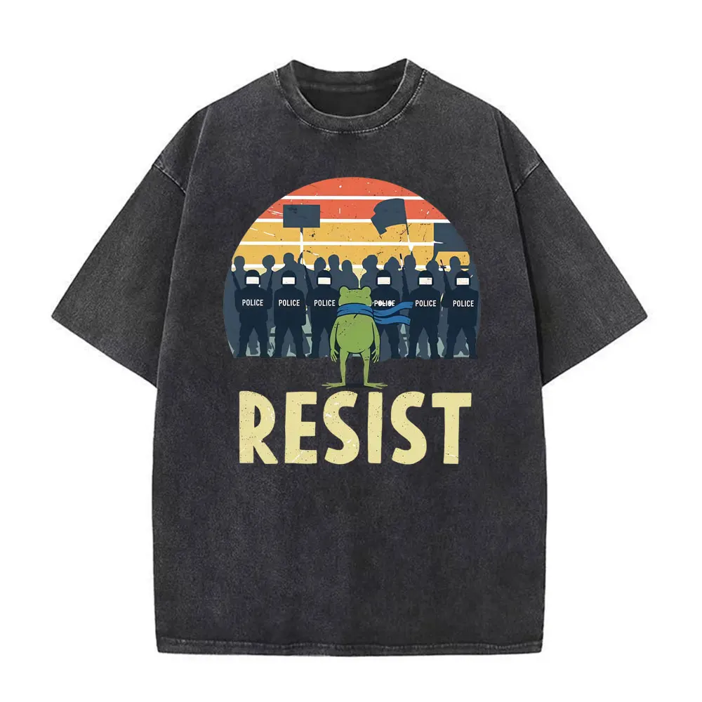 Portland Frog Protest Anti ICE Resist Funny Meme T Shirt Unisex Fashion Trend High Street T-shirts Vintage Washed Cotton T-shirt