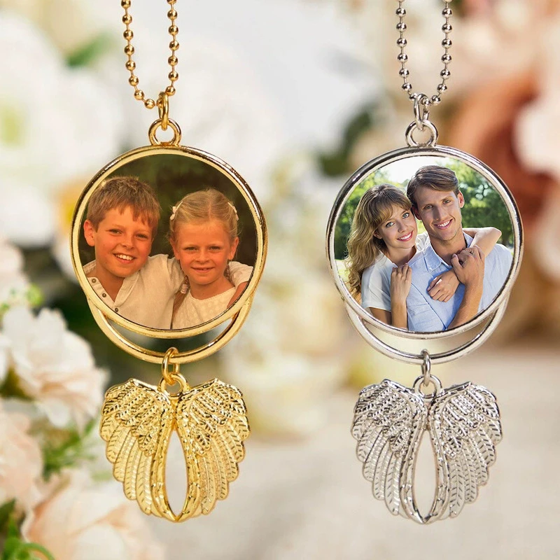 Custom Photo Car Rearview Mirror Pendant with Angel Wings Personalized Charm for Women Hanging Ornament Picture Gift for Lover