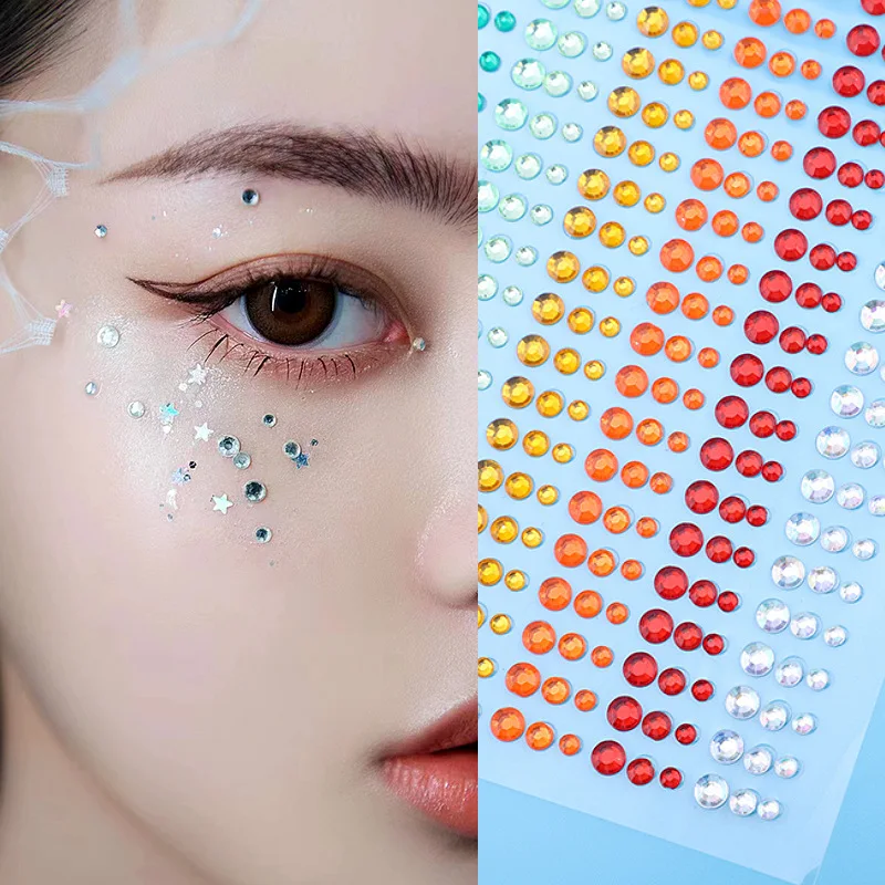 1 Sheet 15 Colors (900pcs) Colorful Acrylic Crystal Face Stickers for Stage Performance and Decoration