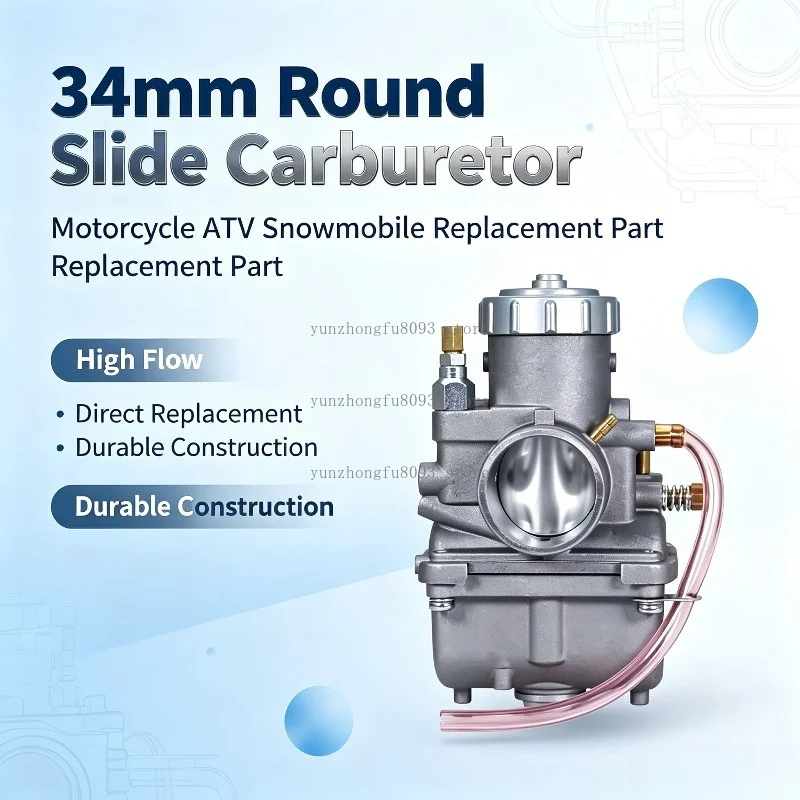 34mm Round Slide Carburetor, High Flow Replacement Carb for 350cc Motorcycle, ATV, Snowmobile, Utility Engine Parts